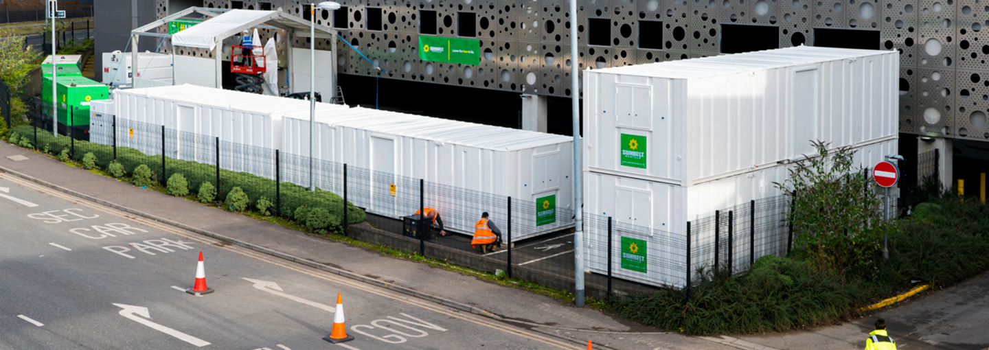 a collection of Sunbelt Rentals branded cabins on site