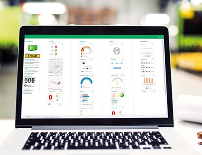 A laptop screen shows a telematics dashboard of equipment on hire from Sunbelt Rentals