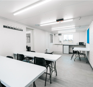 white interior of a site canteen with amenities