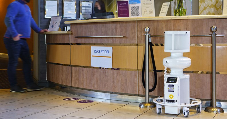 The S400 Air Disinfectant Device Air Purifier cleaning the air of a hotel lobby