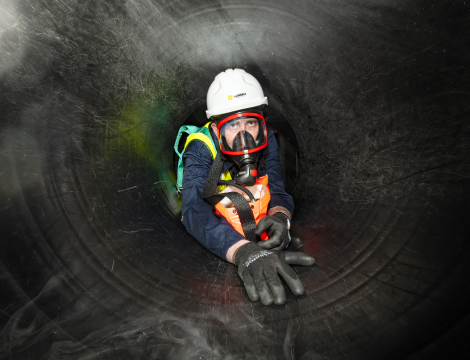 Man wearing safety equipment climbing through tunnel