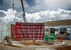 Red formwork on construction site